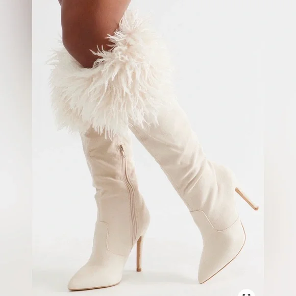 Fashion Nova Cream Faux Fur Heeled Boots - Picture 3 of 8